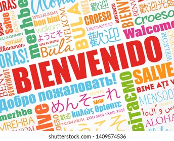 Bienvenido , Welcome in Spanish, word cloud in different languages, conceptual background