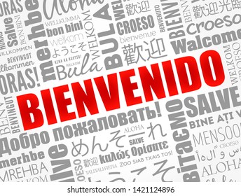 Bienvenido , Welcome in Spanish, word cloud in different languages, conceptual background