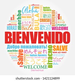 Bienvenido , Welcome in Spanish, word cloud in different languages, conceptual background