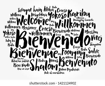 Bienvenido , Welcome in Spanish, word cloud in different languages, conceptual background