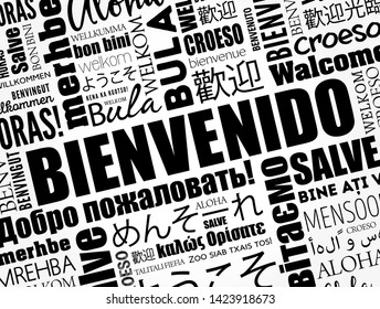 Bienvenido (Welcome in Spanish) word cloud collage in different languages