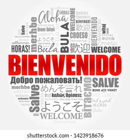 Bienvenido (Welcome in Spanish) word cloud collage in different languages