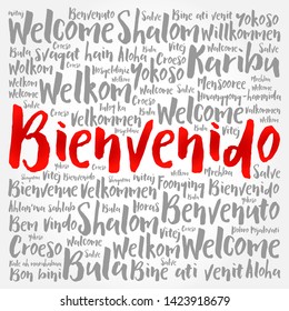 Bienvenido (Welcome in Spanish) word cloud collage in different languages