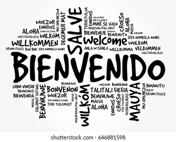 Bienvenido (Welcome in Spanish) word cloud in different languages, conceptual background