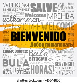 Bienvenido , Welcome in Spanish, word cloud in different languages, conceptual background