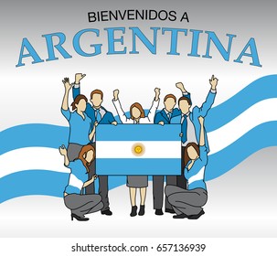 Bienvenidos a Argentina -Welcome to Argentina in Spanish language- Group of people dressed in the colors of the Argentina flag, waving with hands and holding the flag - Vector image