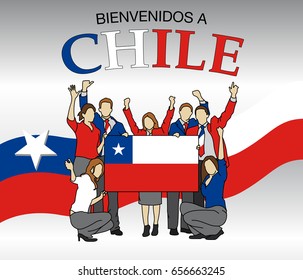 Bienvenidos a Chile -Welcome to Chile in Spanish language- Group of men and women dressed in the colors of the Chile flag, waving with hands and holding the flag - Vector image - A4 size