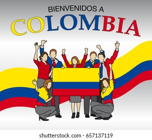 Bienvenidos a Colombia -Welcome to Colombia in Spanish language- Group of people dressed in the colors of the Colombia flag, waving with hands and holding the flag - Vector image 