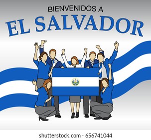 Bienvenidos a El Salvador means "Welcome to El Salvador" in Spanish language. Group of people dressed in the colors of the El Salvador flag, waving with hands and holding the flag - Vector image