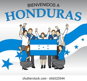 Bienvenidos a Honduras -Welcome to Honduras in Spanish language- Group of men and women dressed in the colors of the Honduras flag, waving with hands and holding the flag - Vector image - A4 size