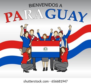 Bienvenidos a Paraguay -Welcome to Paraguay in Spanish language- Group of people dressed in the colors of the Paraguay flag, waving with hands and holding the flag - Vector image - A4 size