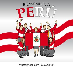 Bienvenidos a Peru -Welcome to Peru in Spanish language- Group of men and women dressed in the colors of the Peru flag, waving with hands and holding the flag - Vector image - A4 size