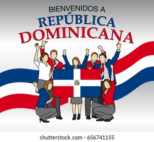 Bienvenidos a Republica Dominicana -Welcome to Dominican Republic in Spanish language- Group of people dressed in the colors of the flag, waving with hands and holding the flag - Vector image