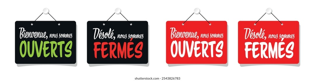 Bienvenue nous sommes ouverts, Désolé nous sommes fermés : Welcome we are open, Sorry we are closed in French language