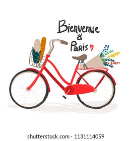 Bienvenue à Paris. Hand drawn bicycle with flowers and baguettes. Colored vector illustration