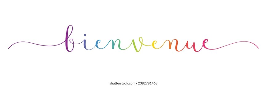 BIENVENUE (WELCOME in French) vector rainbow gradient brush calligraphy with swashes