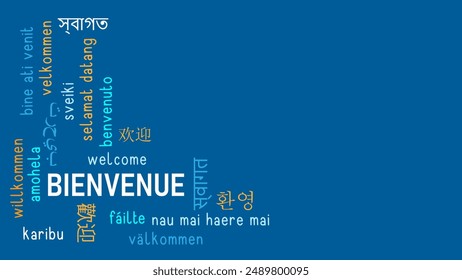 BIENVENUE (WELCOME in French) vector word cloud on dark blue background with copy space