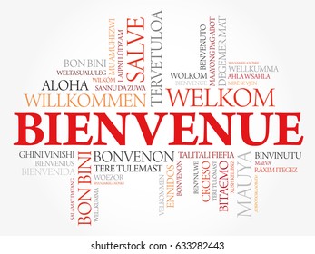 Bienvenue (Welcome in French) word cloud in different languages, conceptual background