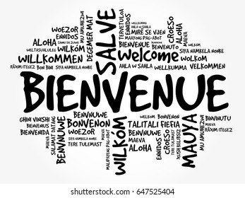 Bienvenue (Welcome in French) word cloud in different languages, conceptual background