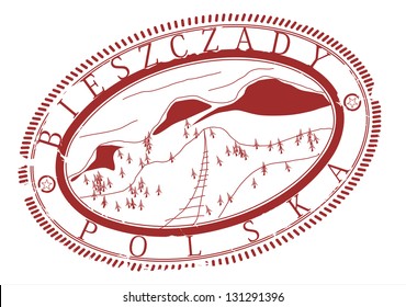 Bieszczady. Tourist stamp ski station and trekking in Poland. Only one color used.