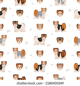 Biewer Yorkshire Terrier seamless pattern. Different poses, coat colors set.  Vector illustration