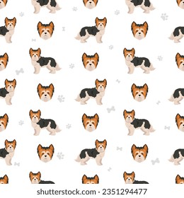 Biewer Yorkshire Terrier seamless pattern. Different poses, coat colors set.  Vector illustration