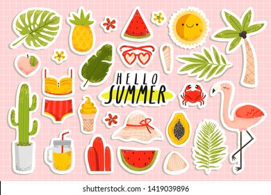 bif cute summertime stickers set with flamingo, pineapple, palm tree, ice cream, bikini, watermelon, flowers on pastel pink background. Vector stickers set tmplate