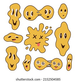 Bif set of funny retro melting crazy and dripping faces. Distorted graffiti psychedelic emoji. Hippie groovy smile characters collection. Positive facial trippy expressions. Hand drawn vector