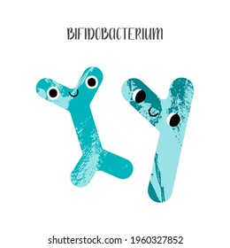 Bifidobacterium, bifidum. Cute lactic acid bacteria character. Probiotics. Good kawaii microorganism for gut, intestinal flora health. Microflora. Vector flat cartoon illustration