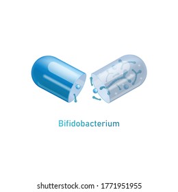 Bifidobacterium - cápsula probiótica azul dividida abierta con microorganismos derramados. Píldora de medicina brillante con buenas bacterias intestinales - ilustración vectorial aislada