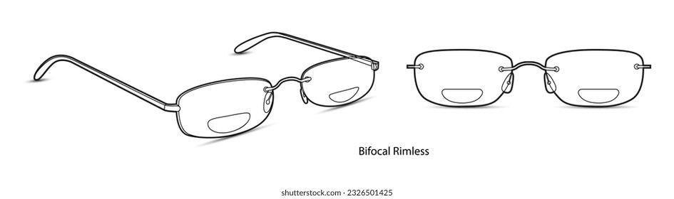 Bifocal Rimless frame glasses fashion accessory illustration. Sunglass front and 3-4 view for Men, women, unisex silhouette style, flat rim spectacles eyeglasses with lens sketch outline isolated