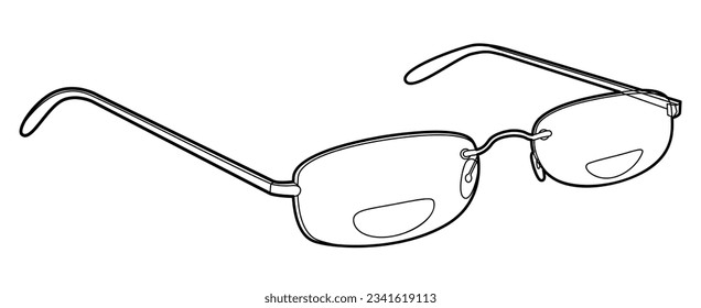 Bifocal Rimless frame glasses fashion accessory illustration. Sunglass 3-4 view for Men, women, silhouette style, flat rim spectacles eyeglasses with lens sketch outline isolated on white background