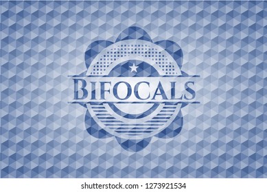 Bifocals blue badge with geometric pattern background.