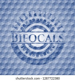 Bifocals blue badge with geometric pattern background.