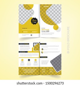 Bi-fold brochure creative design. Multipurpose template with cover, back and inside pages. Trendy minimalist flat geometric design. Vertical a4 format.