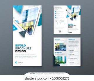 Bifold brochure design. Blue template for bi fold flyer. Layout with modern triangle photo and abstract background. Creative concept folded flyer or brochure.