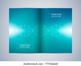 Bi-fold brochure design with DNA molecule background, vector illustration