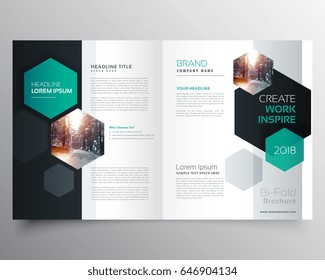 bifold business brochure or magazine cover page design with hexagonal shape vector template