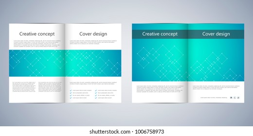 Bi-fold business brochure template with abstract background. Geometric graphics and connected lines with dots. Medical, technological and scientific concept. Vector illustration