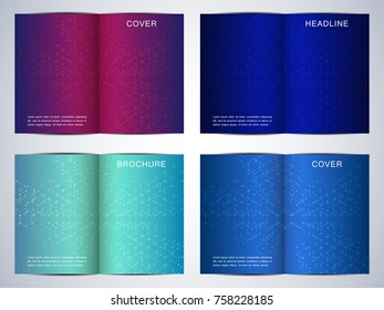 Bi-fold business brochure template with hexagonal background. Geometric graphics. Medical, technological and scientific concept. Vector illustration