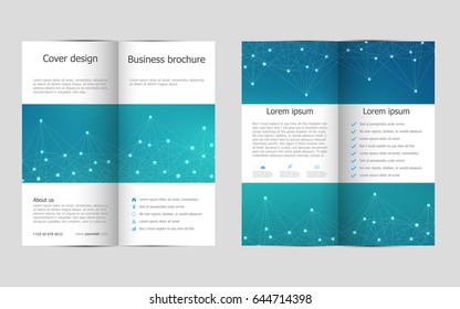 Bi-fold business brochure template with molecular structure background, vector illustration