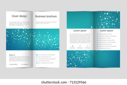 Bi-fold business brochure template with molecular structure background, vector illustration