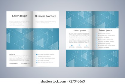 Bi-fold business brochure template with triangles abstract background. Geometric graphics and connected lines with dots. Medical, technological and scientific concept. Vector illustration