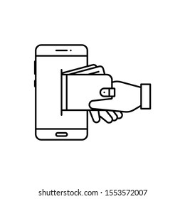 Bifold wallet payment method, money transfer illustration with holding hand and smartphone icon.