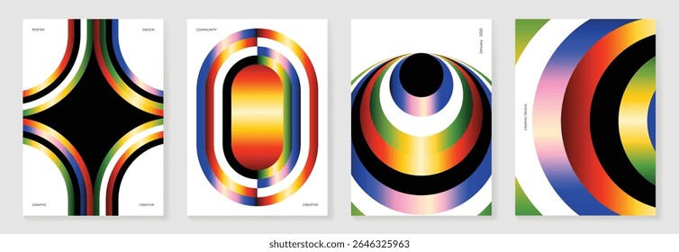 Bifrost rainbow bridge gradient poster background vector set. Cover template with vibrant perspective geometric prism shapes. Ideal design for social media, cover, banner, flyer.