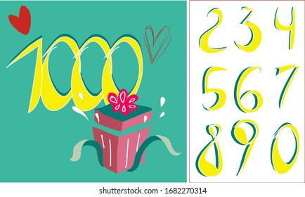 Big 1000 numbers hand draw doodle with  gift box concept.Set number of Thank you followers design. congratulation card. Web user or blogger celebrates .Vector