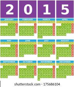 Big 2015 calendar with months from january to december in flat design using simple square icons with green background, elements are grouped for easy edit.