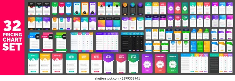 big 32 mega collection of UI UX mobile app pricing chart table Subscription design or website Pricing chart table design template. Product Plan Offer Price Package Subscription Comparison Chart bundle