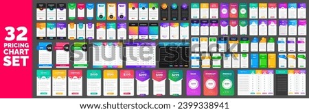 big 32 mega collection of UI UX mobile app pricing chart table Subscription design or website Pricing chart table design template. Product Plan Offer Price Package Subscription Comparison Chart bundle [[stock_photo]] © 