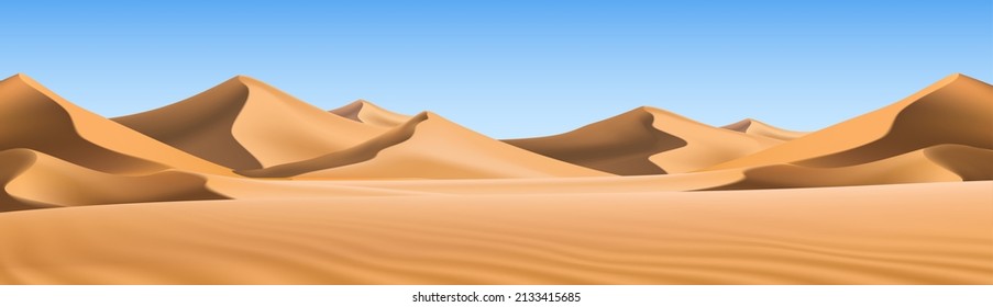 Big 3d realistic background of sand dunes. Desert landscape with blue sky. svg